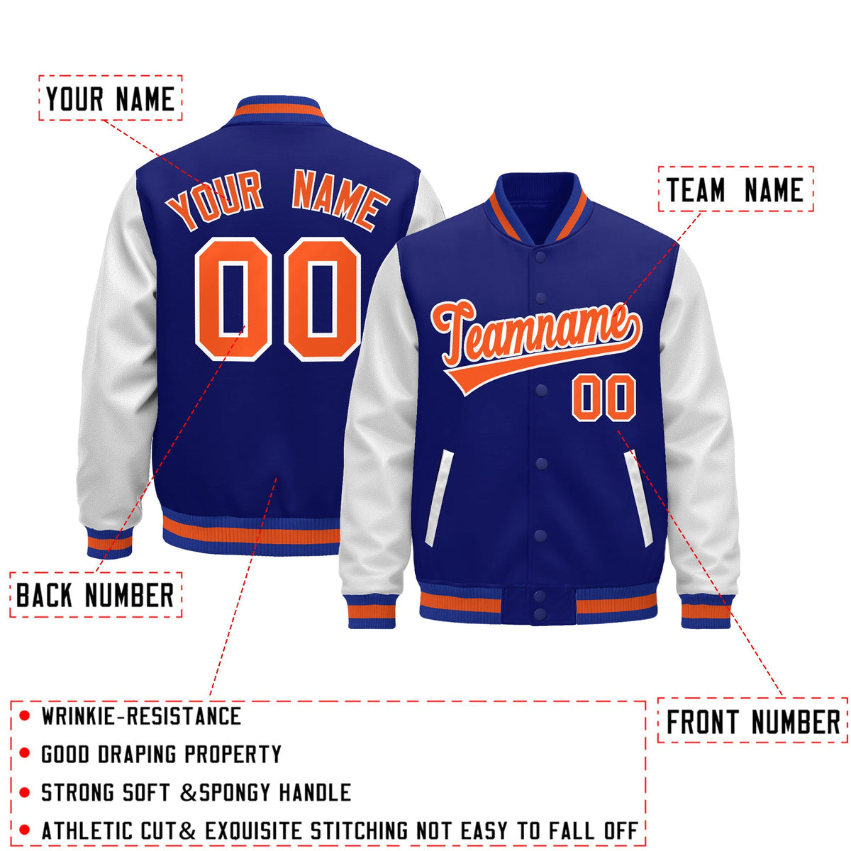 Custom Royal Blue White Orange Raglan Sleeves Varsity Full-Snap Leather Sleeves Letterman Jacket| KXKSHOP