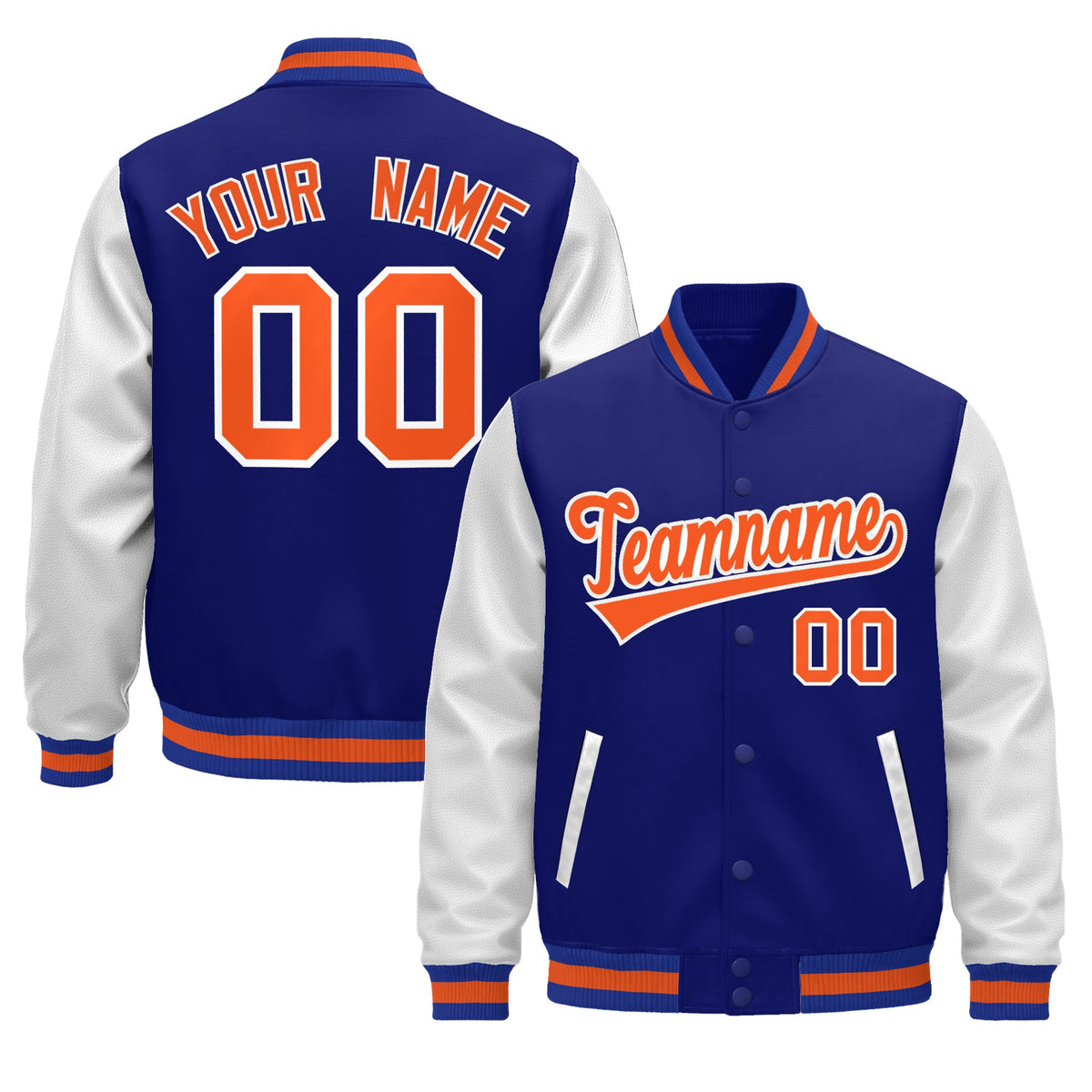 Custom Royal Blue White Orange Raglan Sleeves Varsity Full-Snap Leather Sleeves Letterman Jacket| KXKSHOP