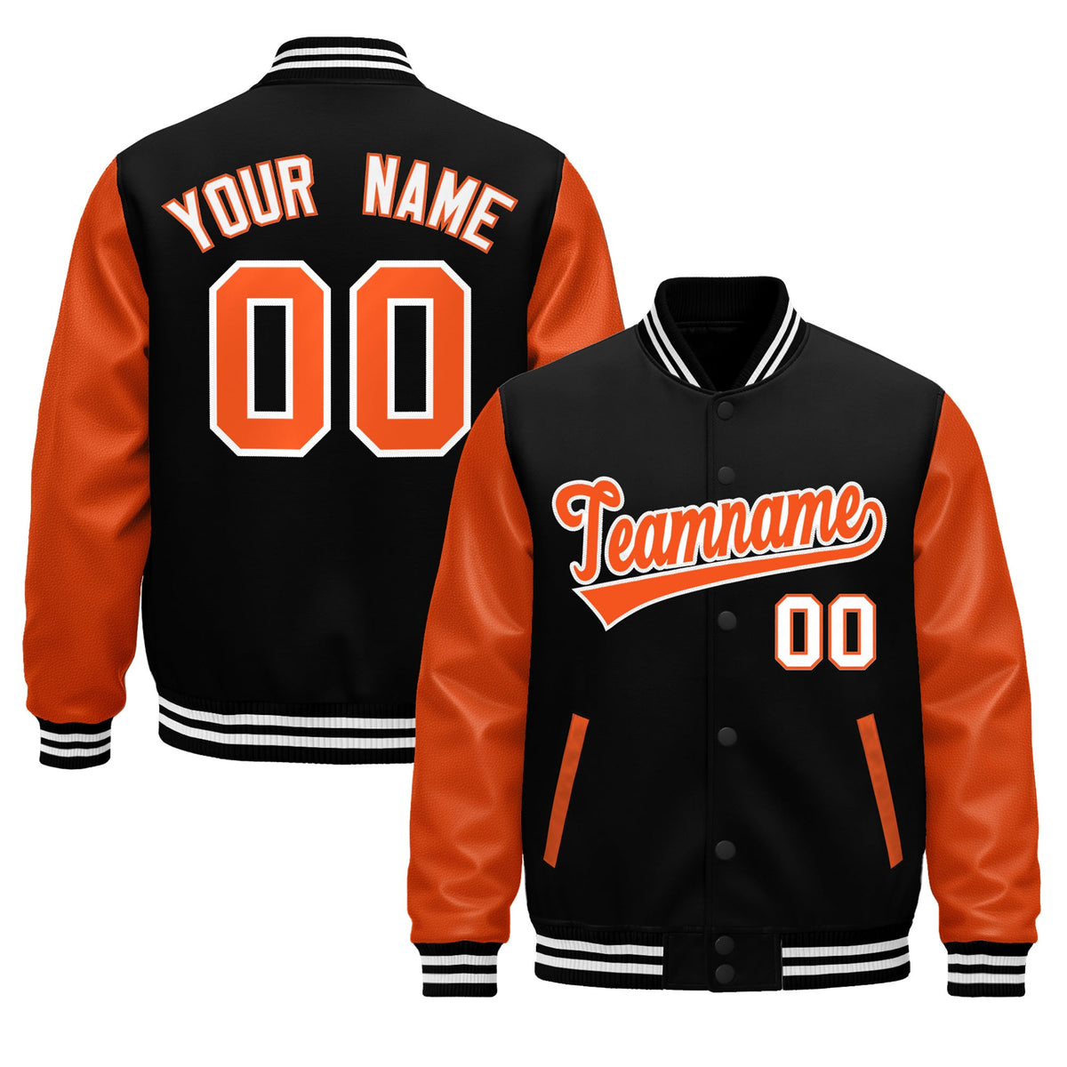 Custom Black Orange White Raglan Sleeves Varsity Full-Snap Leather Sleeves Letterman Jacket| KXKSHOP