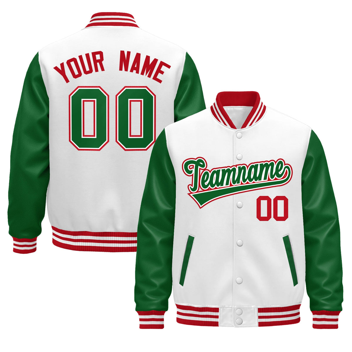 Custom Kelly Green White Red Raglan Sleeves Varsity Full-Snap Leather Sleeves Letterman Jacket| KXKSHOP