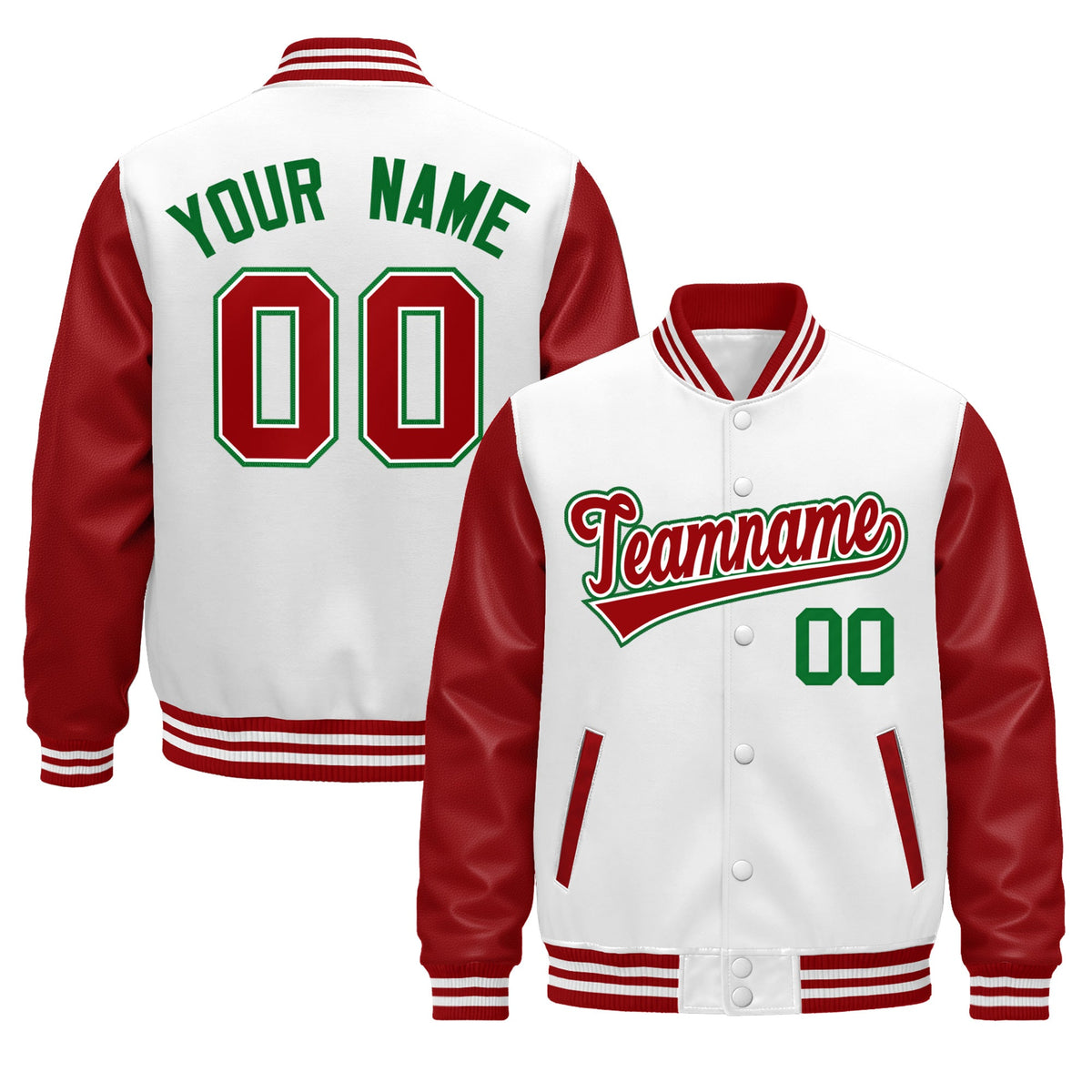 Custom Red White Kelly Green Raglan Sleeves Varsity Full-Snap Leather Sleeves Letterman Jacket| KXKSHOP