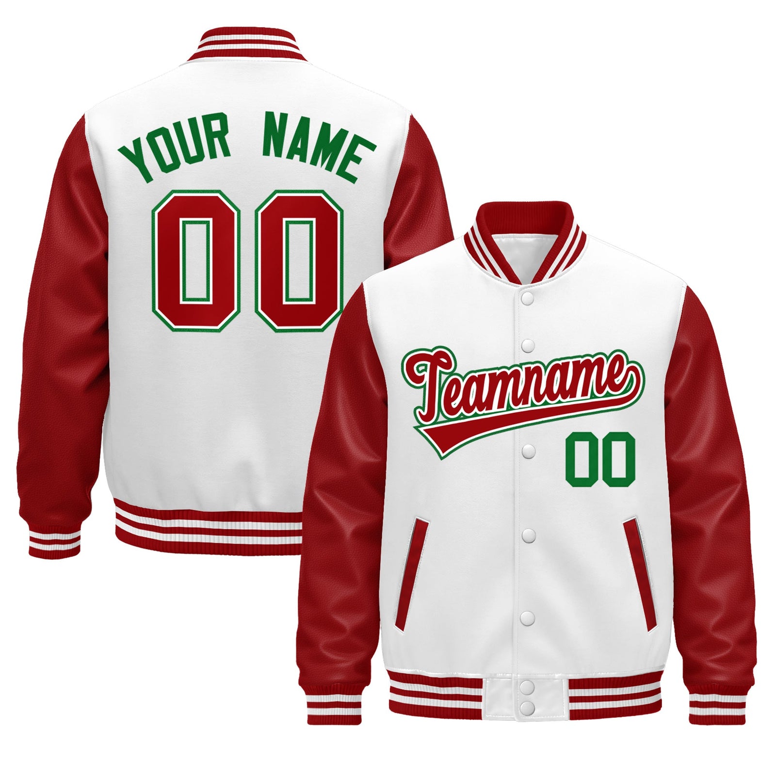 Custom Red White Kelly Green Raglan Sleeves Varsity Full-Snap Leather Sleeves Letterman Jacket| KXKSHOP