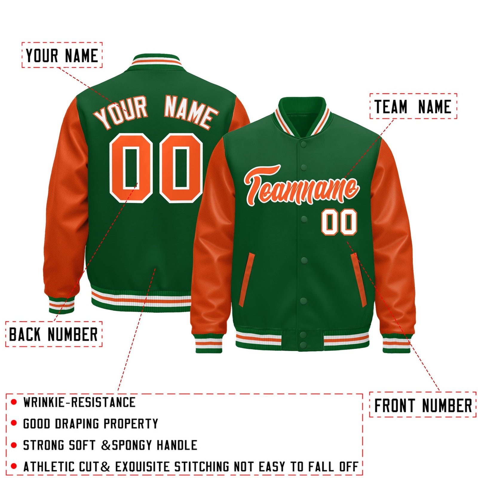 Custom Kelly Green White Orange Raglan Sleeves Varsity Full-Snap Leather Sleeves Letterman Jacket| KXKSHOP
