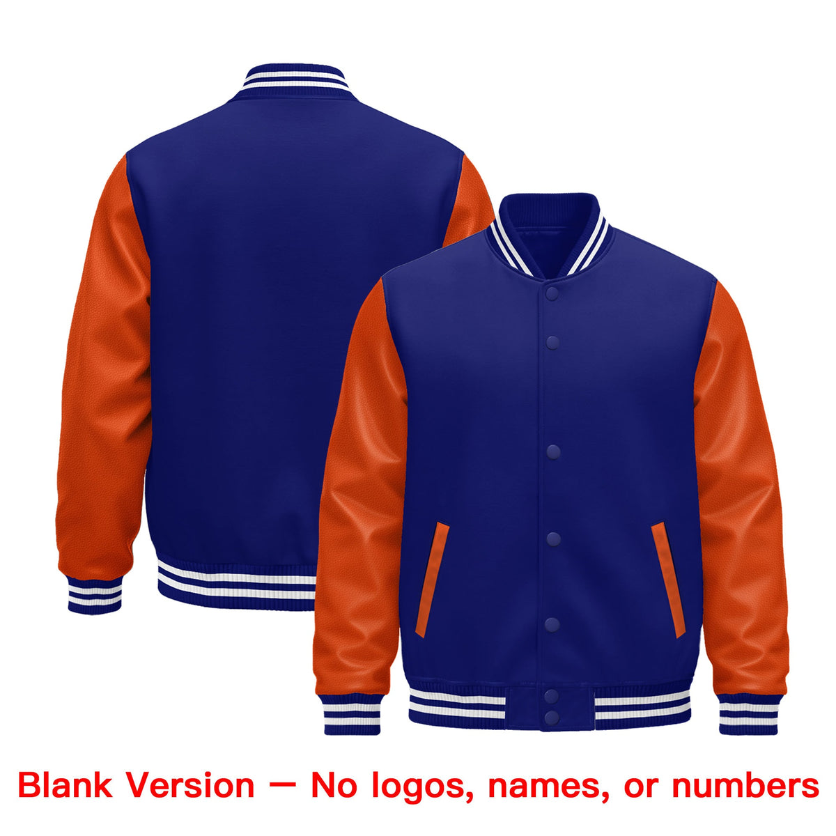 Custom Royal Blue Orange White Raglan Sleeves Varsity Full-Snap Leather Sleeves Letterman Jacket| KXKSHOP