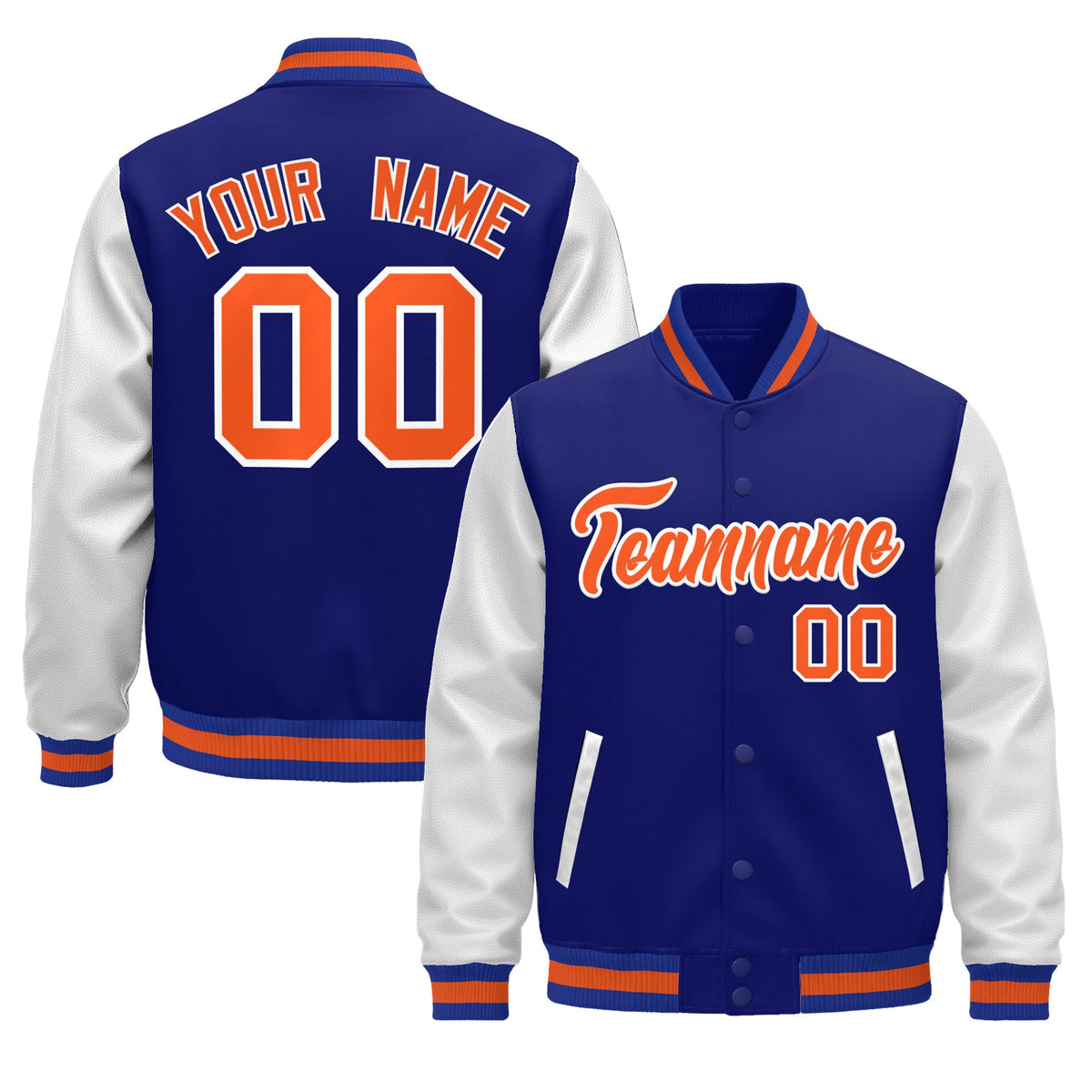Custom Royal Blue White Orange Raglan Sleeves Varsity Full-Snap Leather Sleeves Letterman Jacket| KXKSHOP