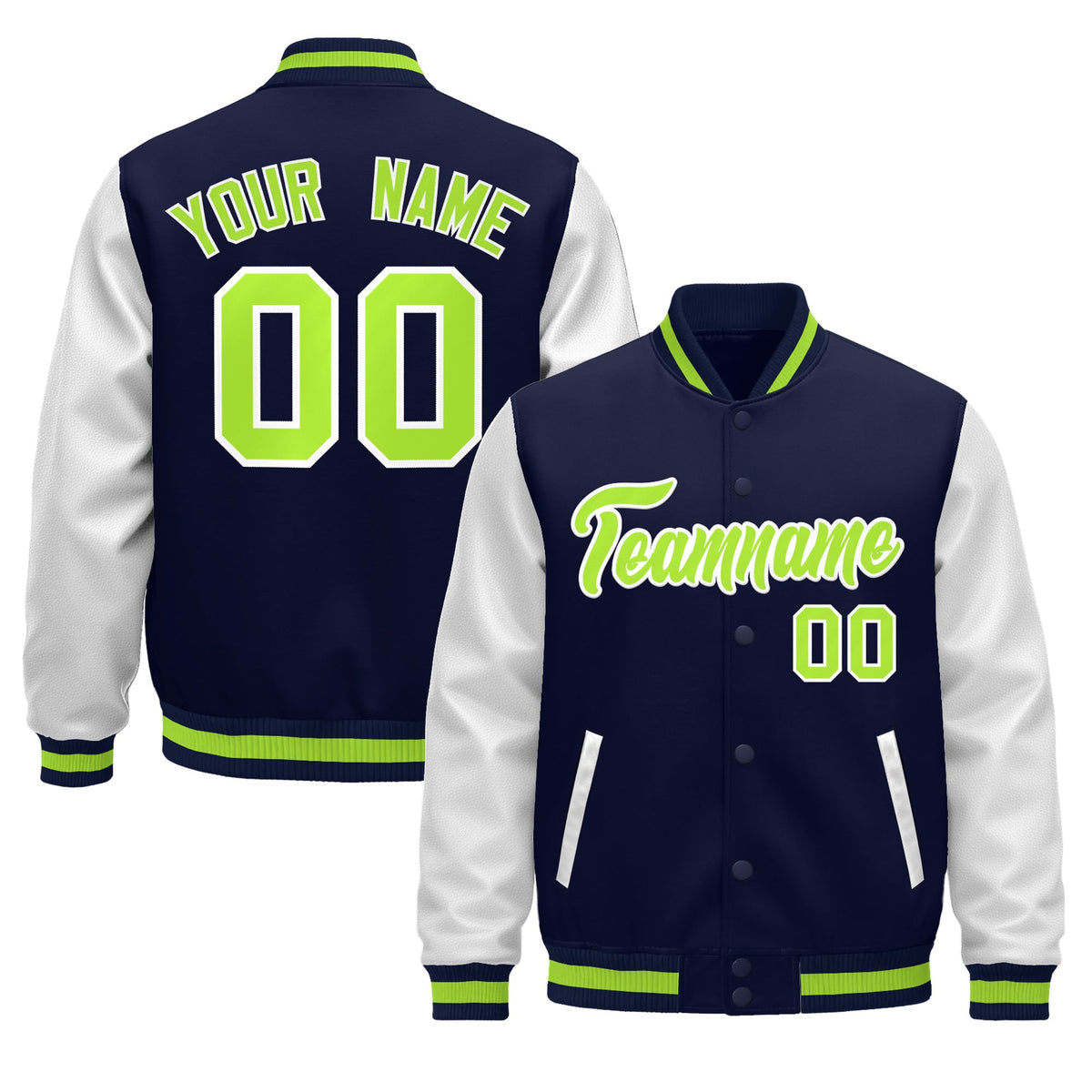 Custom Navy White Neon Green Raglan Sleeves Varsity Full-Snap Leather Sleeves Letterman Jacket| KXKSHOP