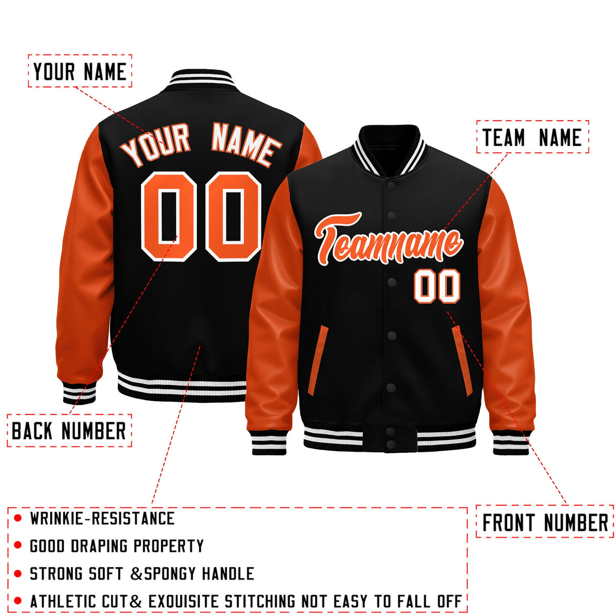 Custom Black Orange White Raglan Sleeves Varsity Full-Snap Leather Sleeves Letterman Jacket| KXKSHOP