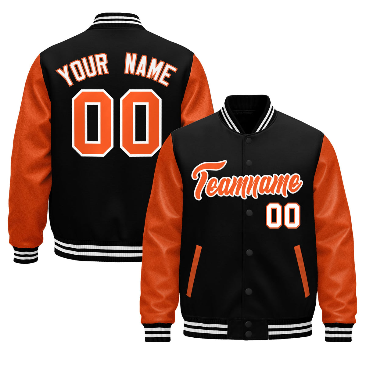 Custom Black Orange White Raglan Sleeves Varsity Full-Snap Leather Sleeves Letterman Jacket| KXKSHOP