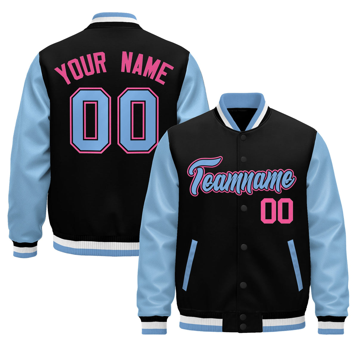Custom Black Light Blue White Rose Red Raglan Sleeves Varsity Full-Snap Leather Sleeves Letterman Jacket| KXKSHOP
