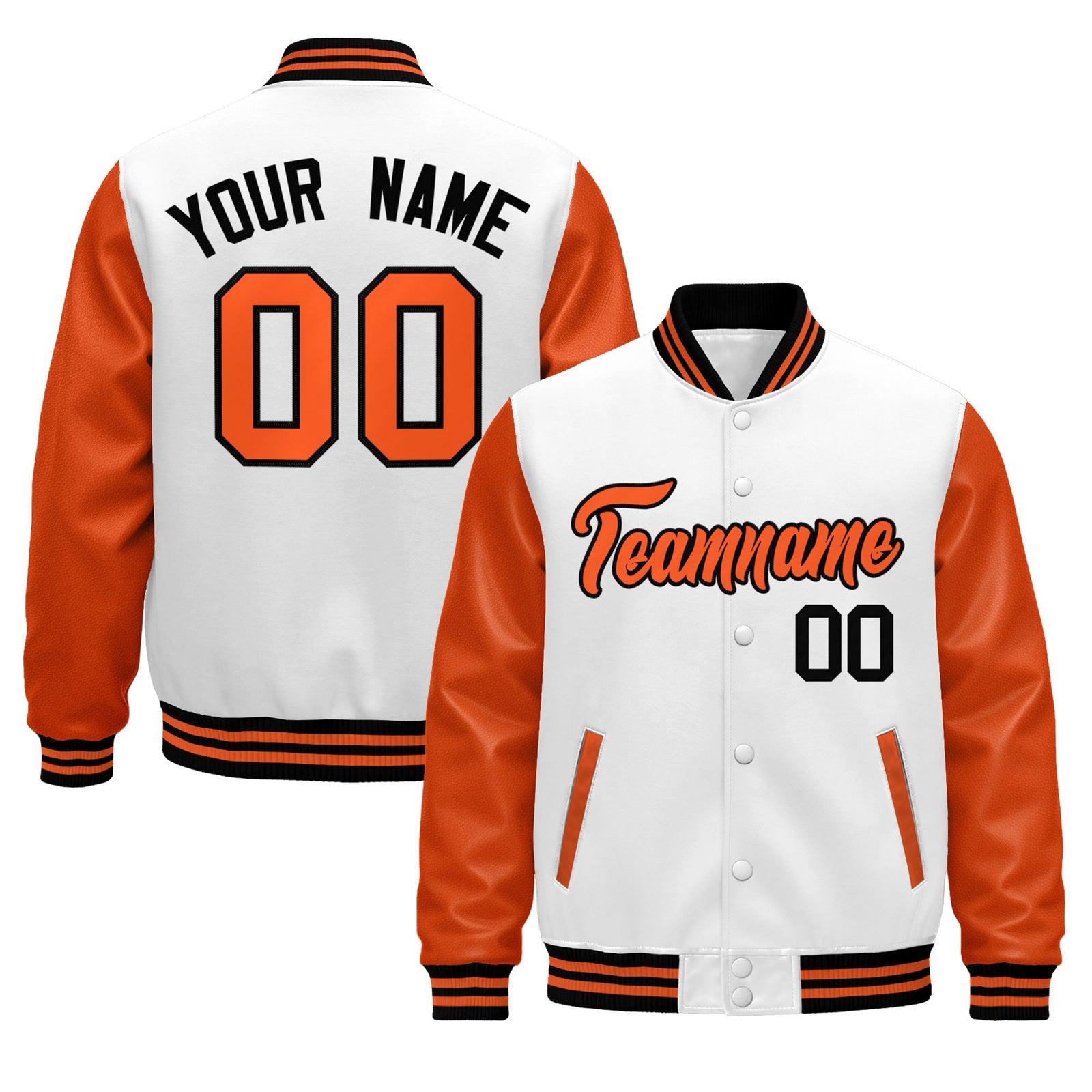 Custom Orange White Black Raglan Sleeves Varsity Full-Snap Leather Sleeves Letterman Jacket| KXKSHOP