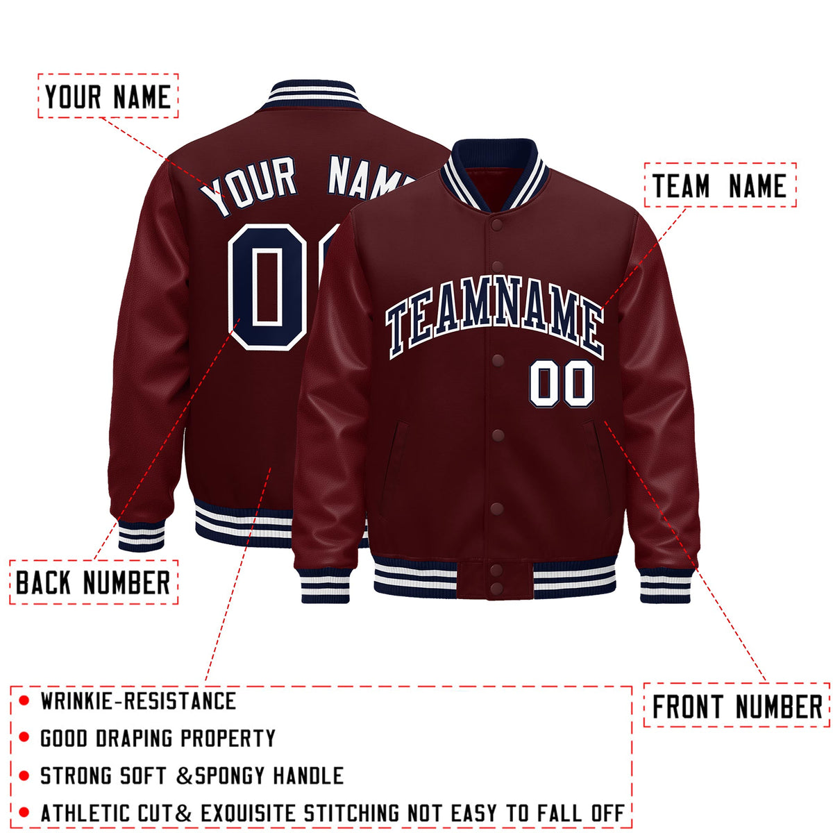Custom Burgundy White Classic Style Leather Sleeves Wrinkle-Resistant Jacket| KXKSHOP
