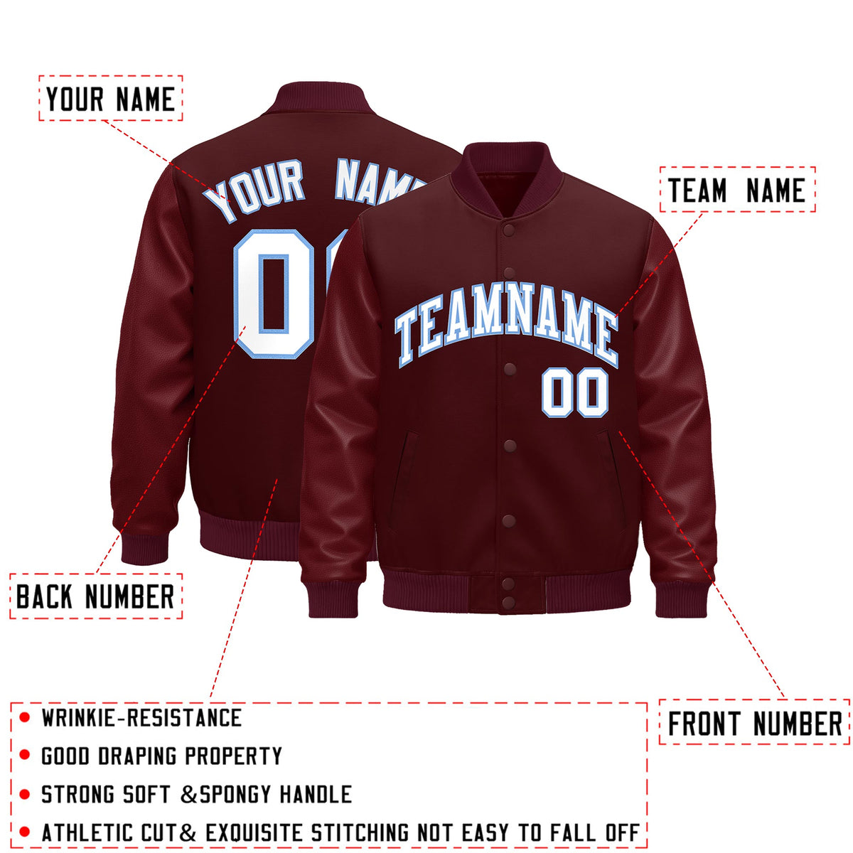 Custom Burgundy Light Blue Classic Style Leather Sleeves Wrinkle-Resistant Jacket| KXKSHOP