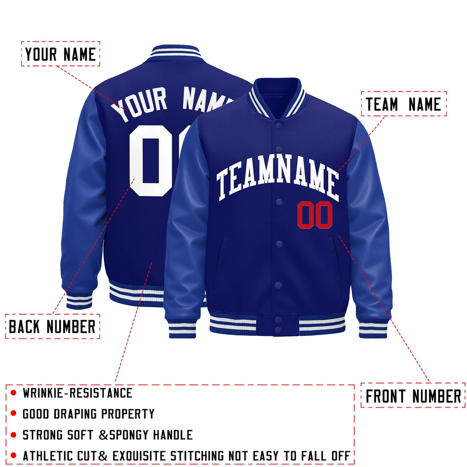 Custom Royal Blue White Classic Style Leather Sleeves Wrinkle-Resistant Jacket| KXKSHOP