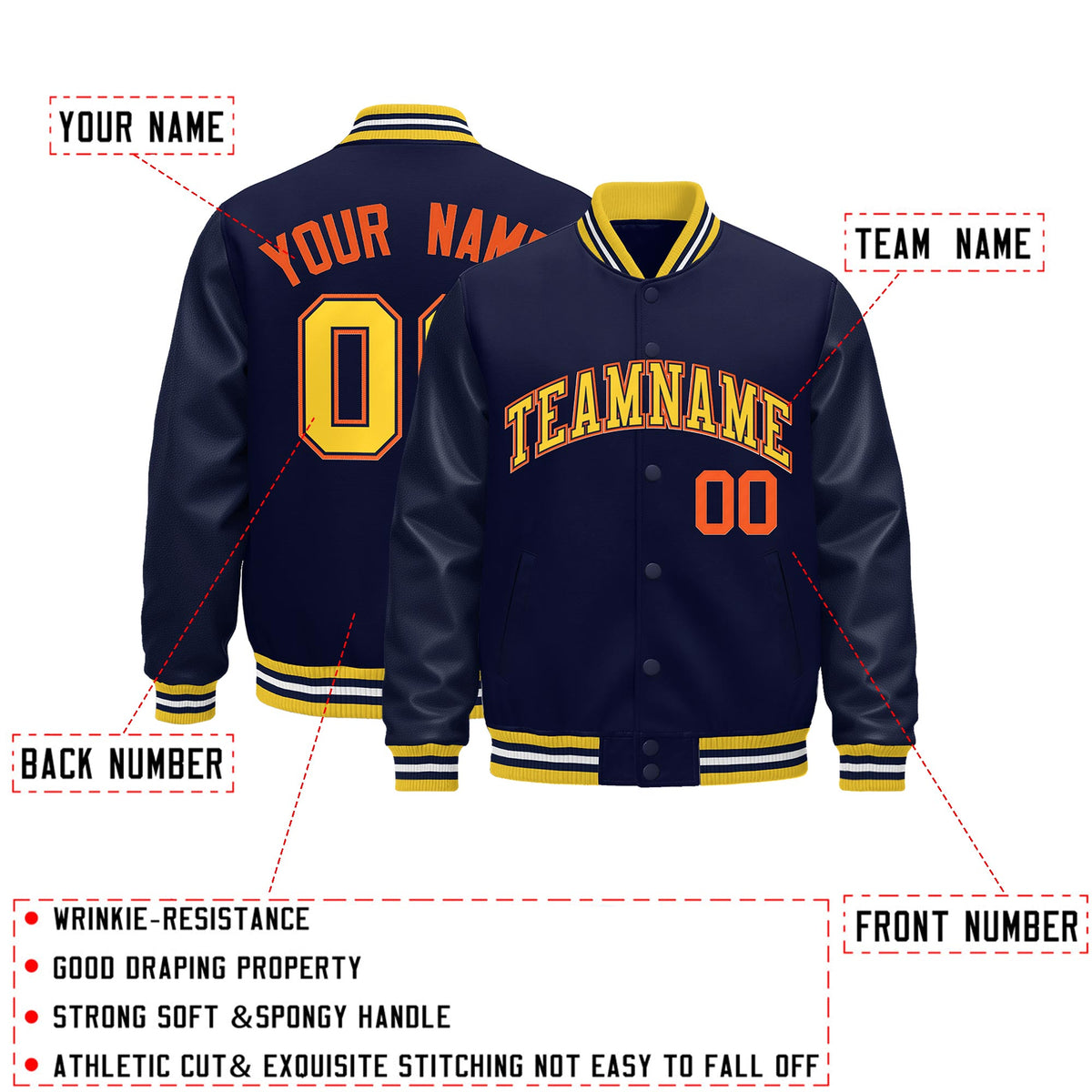 Custom Navy yellow Classic Style Leather Sleeves Wrinkle-Resistant Jacket| KXKSHOP
