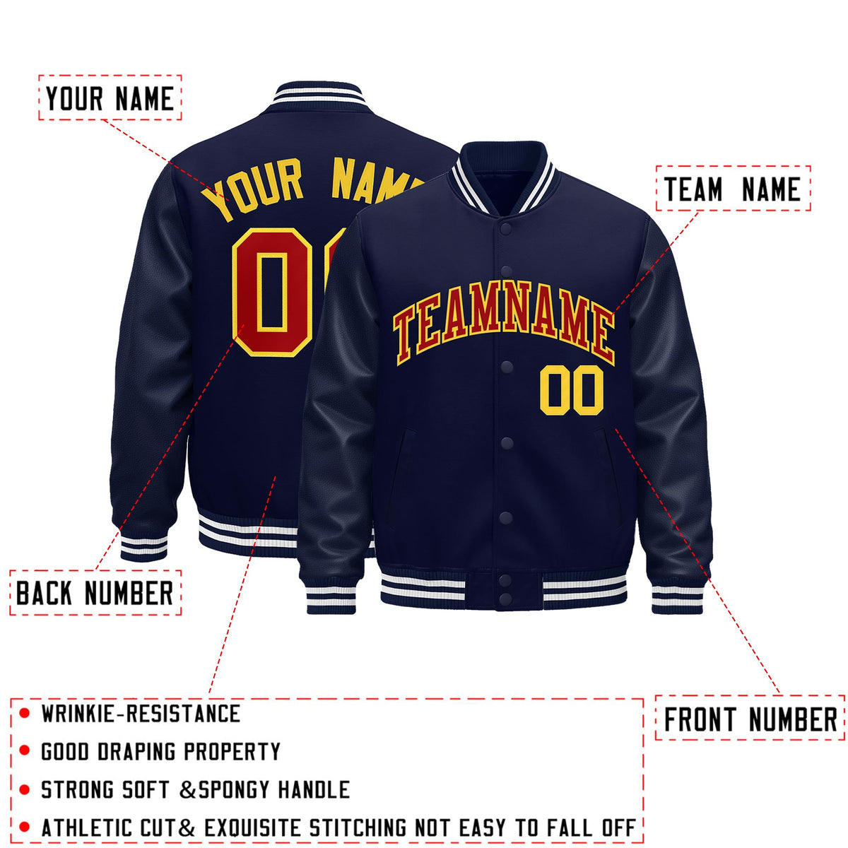 Custom Navy White Classic Style Leather Sleeves Wrinkle-Resistant Jacket| KXKSHOP