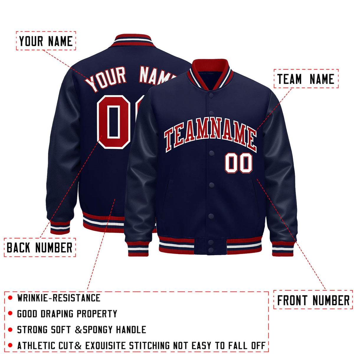 Custom Navy Red White Classic Style Leather Sleeves Wrinkle-Resistant Jacket| KXKSHOP