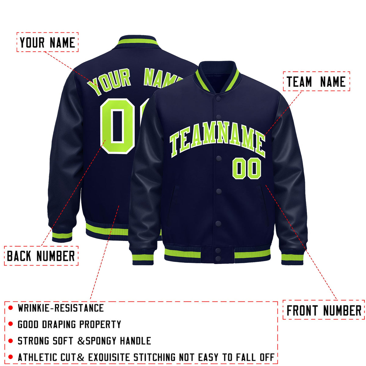 Custom Navy Neon Green Classic Style Leather Sleeves Wrinkle-Resistant Jacket| KXKSHOP