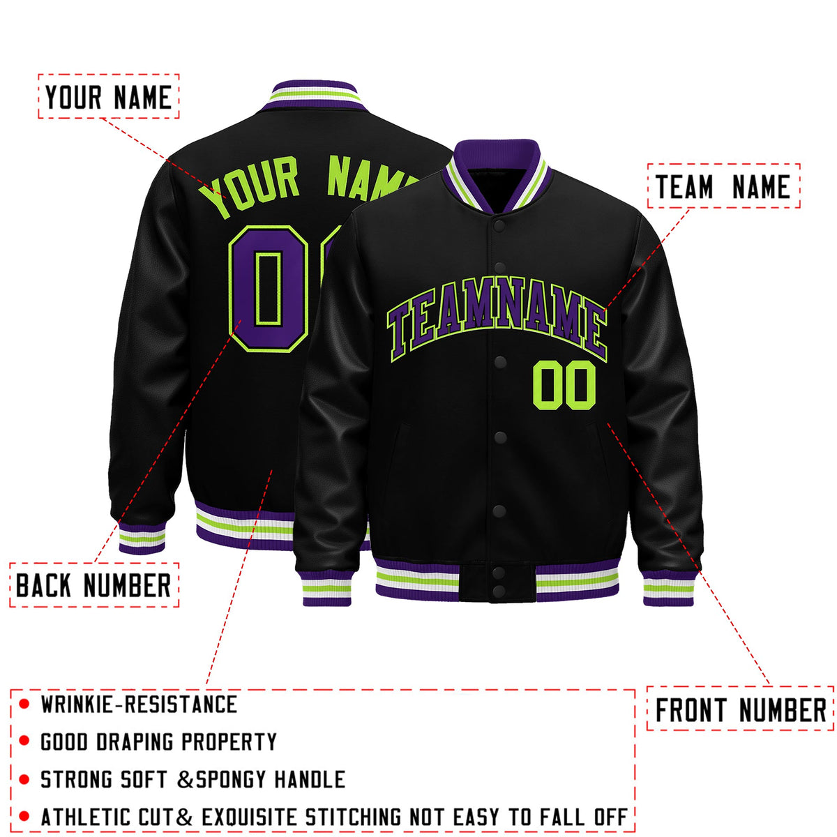 Custom Black Purple White Classic Style Leather Sleeves Wrinkle-Resistant Jacket| KXKSHOP