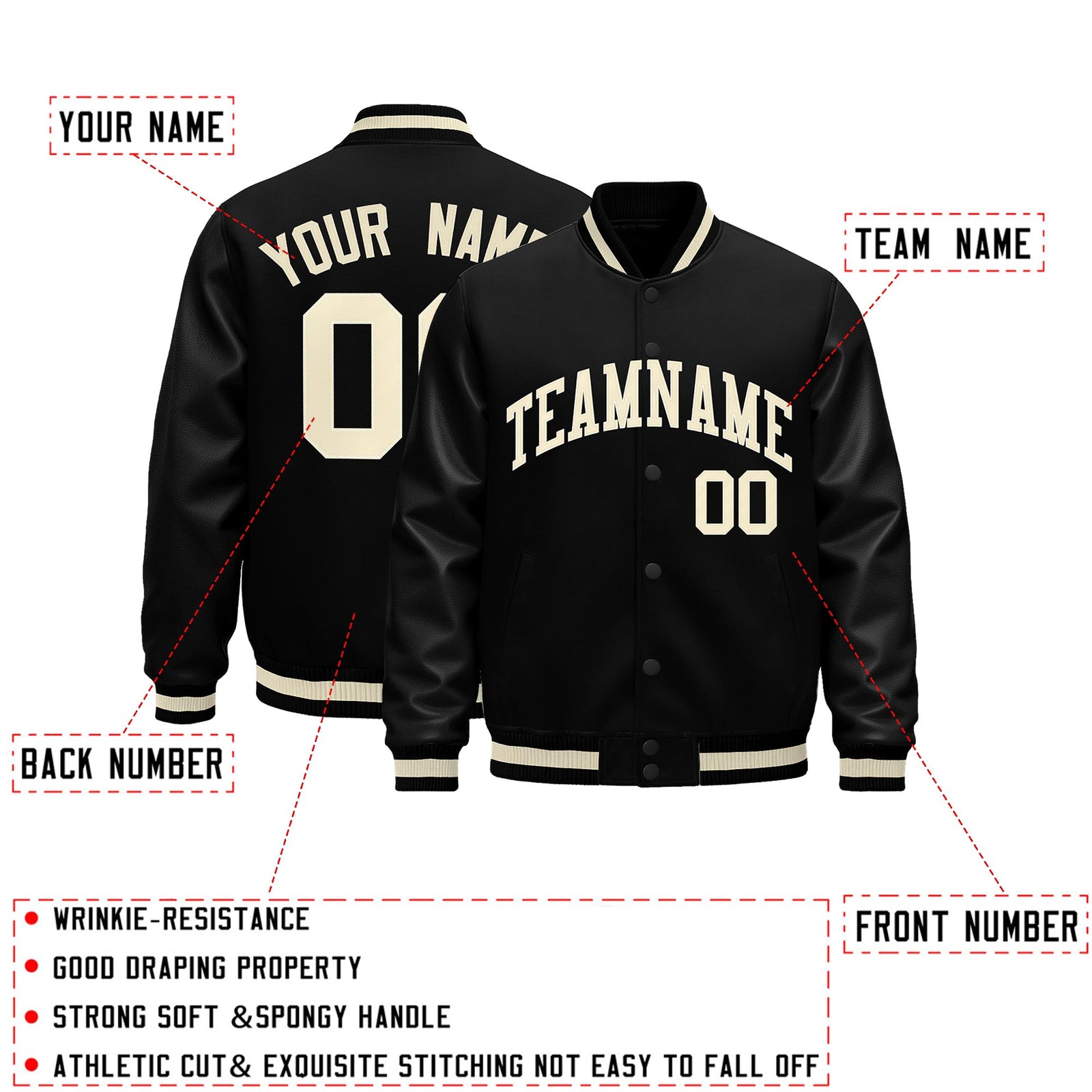 Custom Black Cream Classic Style Leather Sleeves Wrinkle-Resistant Jacket| KXKSHOP