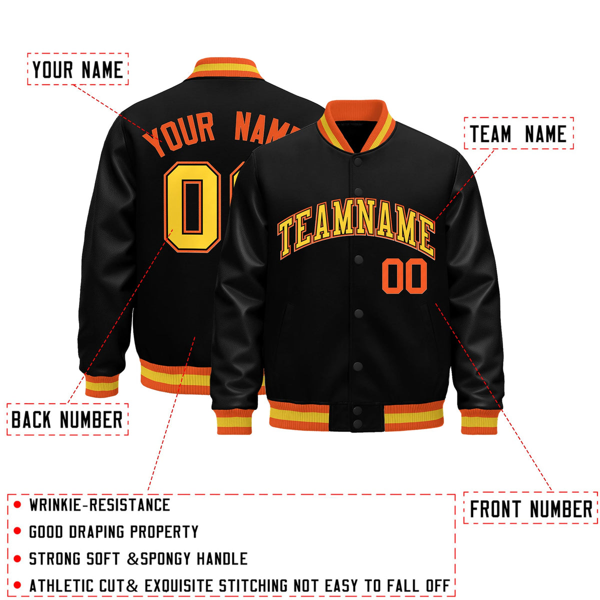 Custom Black Orange Gold Classic Style Leather Sleeves Wrinkle-Resistant Jacket| KXKSHOP