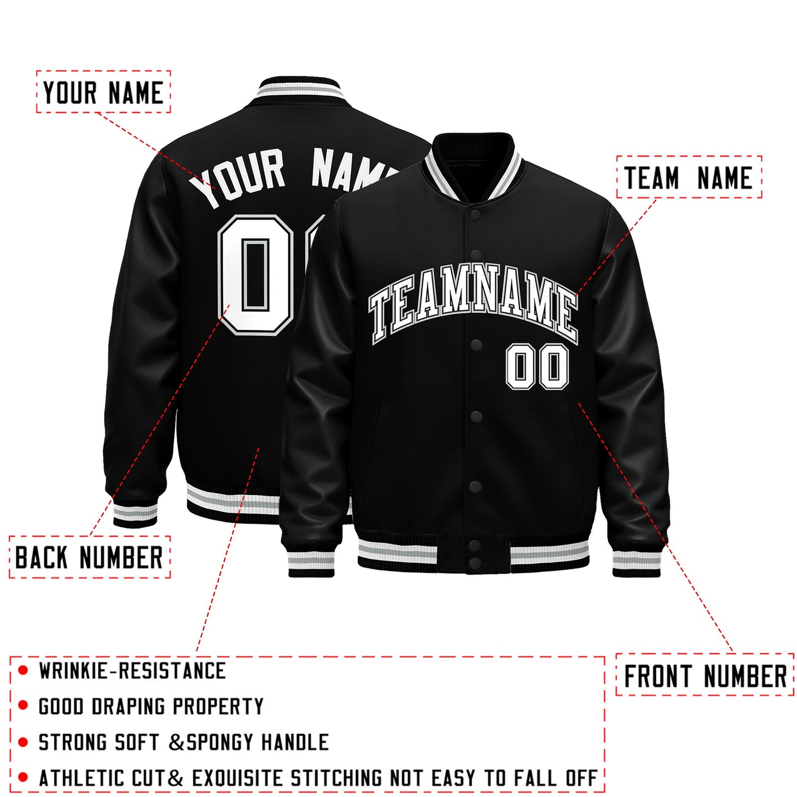 Custom Black White Gray Classic Style Leather Sleeves Wrinkle-Resistant Jacket| KXKSHOP