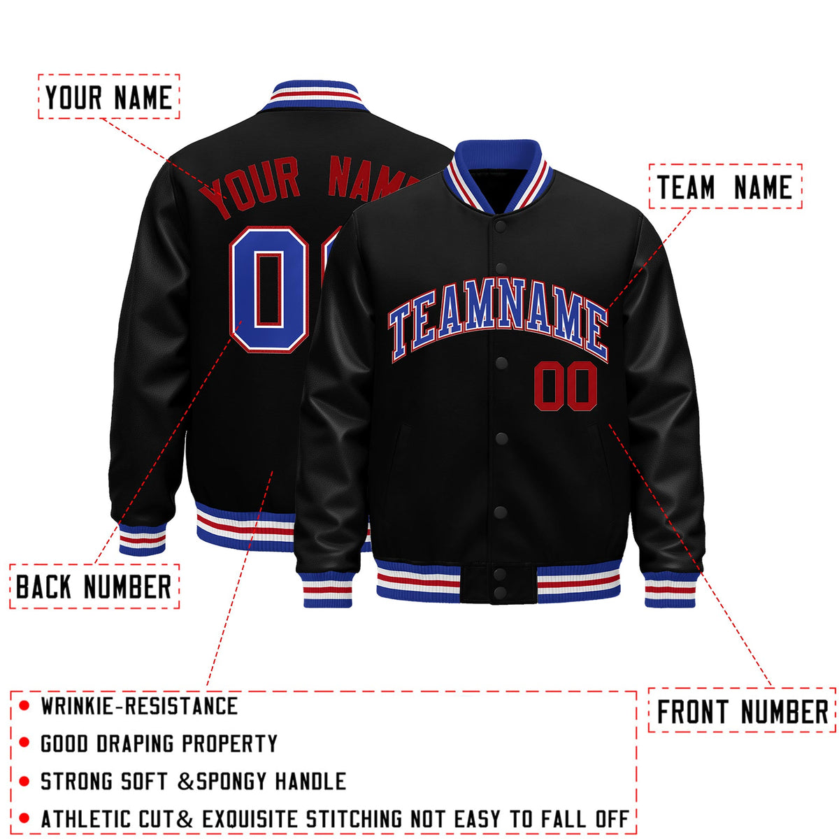 Custom Black Royal Blue White Classic Style Leather Sleeves Wrinkle-Resistant Jacket| KXKSHOP