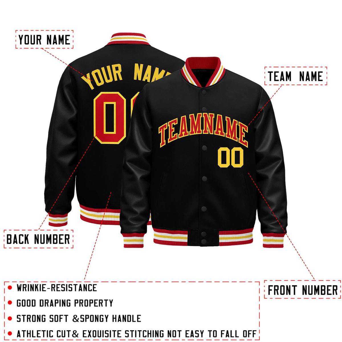 Custom Black Red White Classic Style Leather Sleeves Wrinkle-Resistant Jacket| KXKSHOP