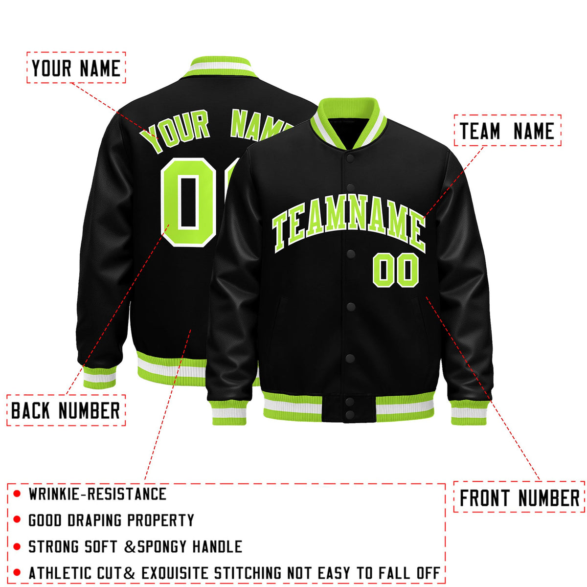 Custom Black Neon Green White Classic Style Leather Sleeves Wrinkle-Resistant Jacket| KXKSHOP