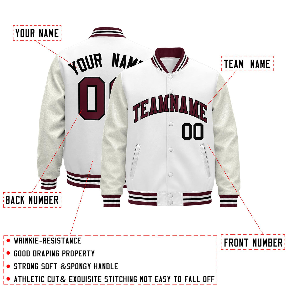 Custom White Crimson Black Classic Style Leather Sleeves Wrinkle-Resistant Jacket| KXKSHOP