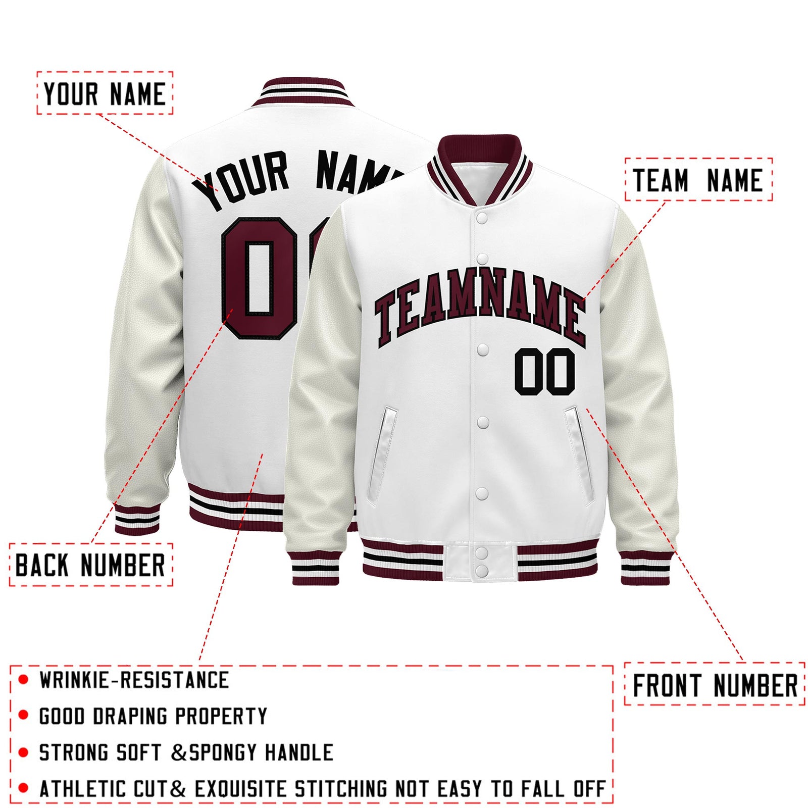 Custom White Crimson Black Classic Style Leather Sleeves Wrinkle-Resistant Jacket| KXKSHOP
