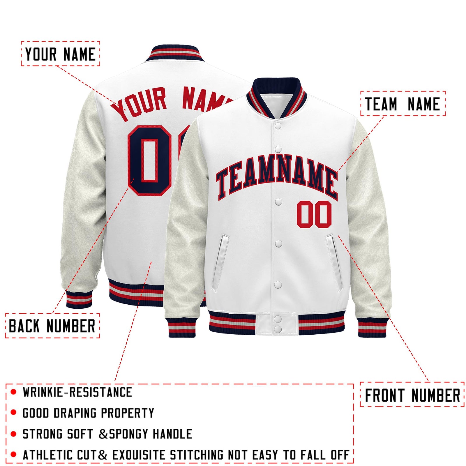 Custom White Navy Red Classic Style Leather Sleeves Wrinkle-Resistant Jacket| KXKSHOP