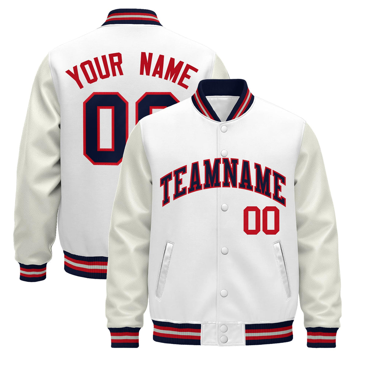 Custom White Navy Red Jacket - Classic Style Leather Sleeves Wrinkle-Resistant