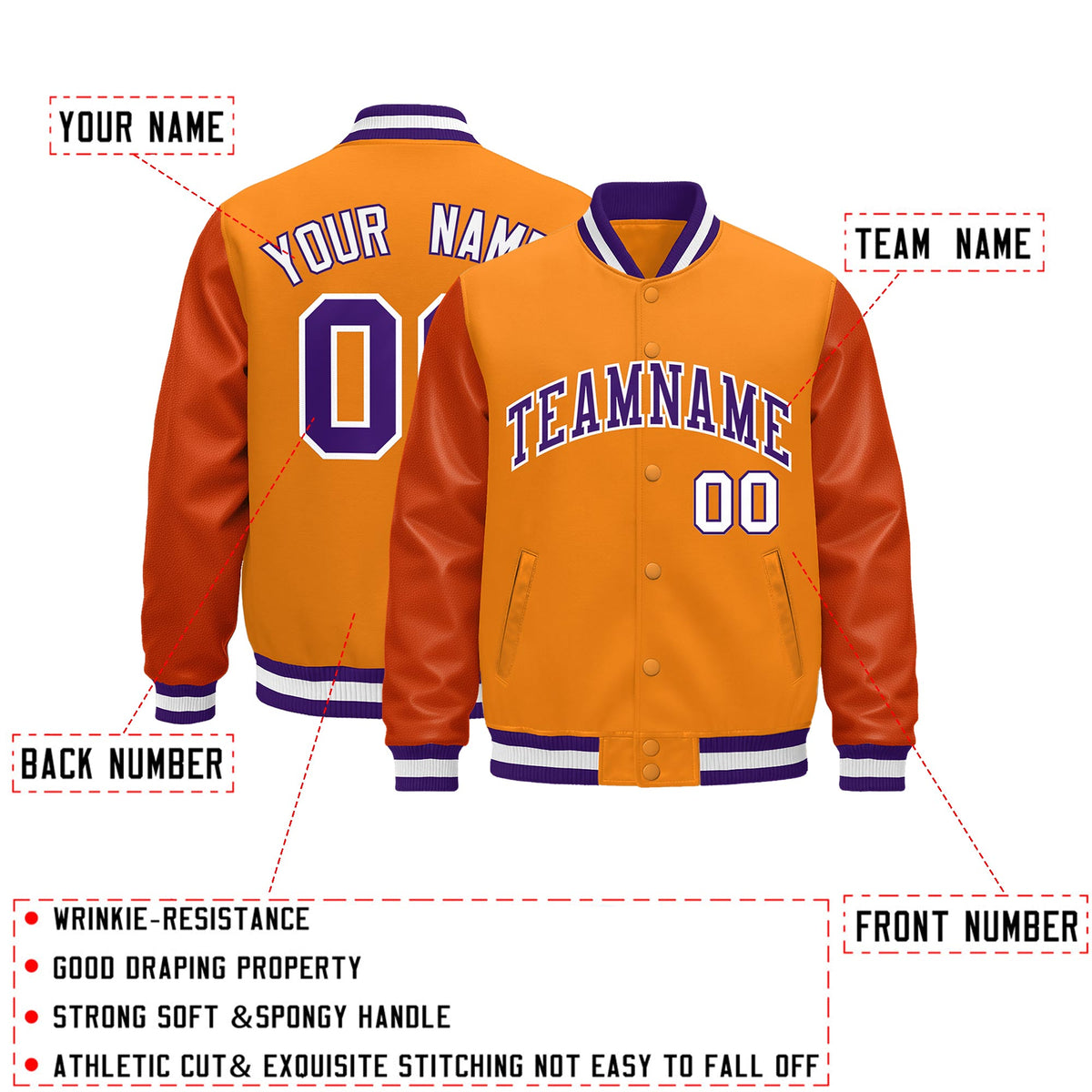 Custom Orange Purple White Classic Style Leather Sleeves Wrinkle-Resistant Jacket| KXKSHOP