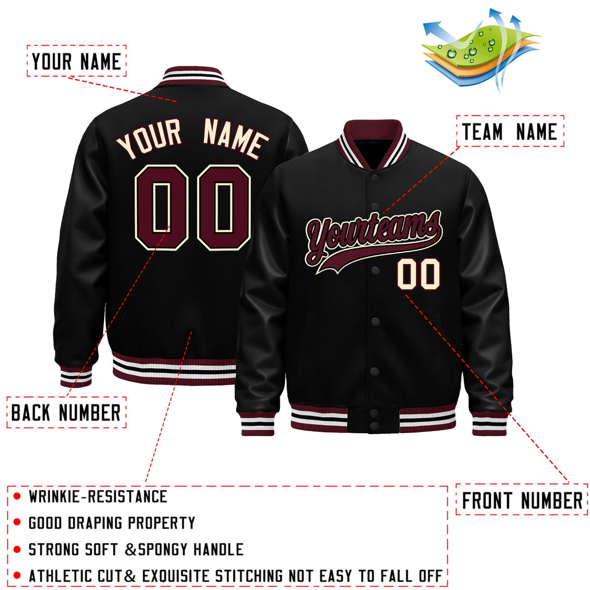 Custom Black Crimson White Classic Style Leather Sleeves Wrinkle-Resistant Jacket| KXKSHOP