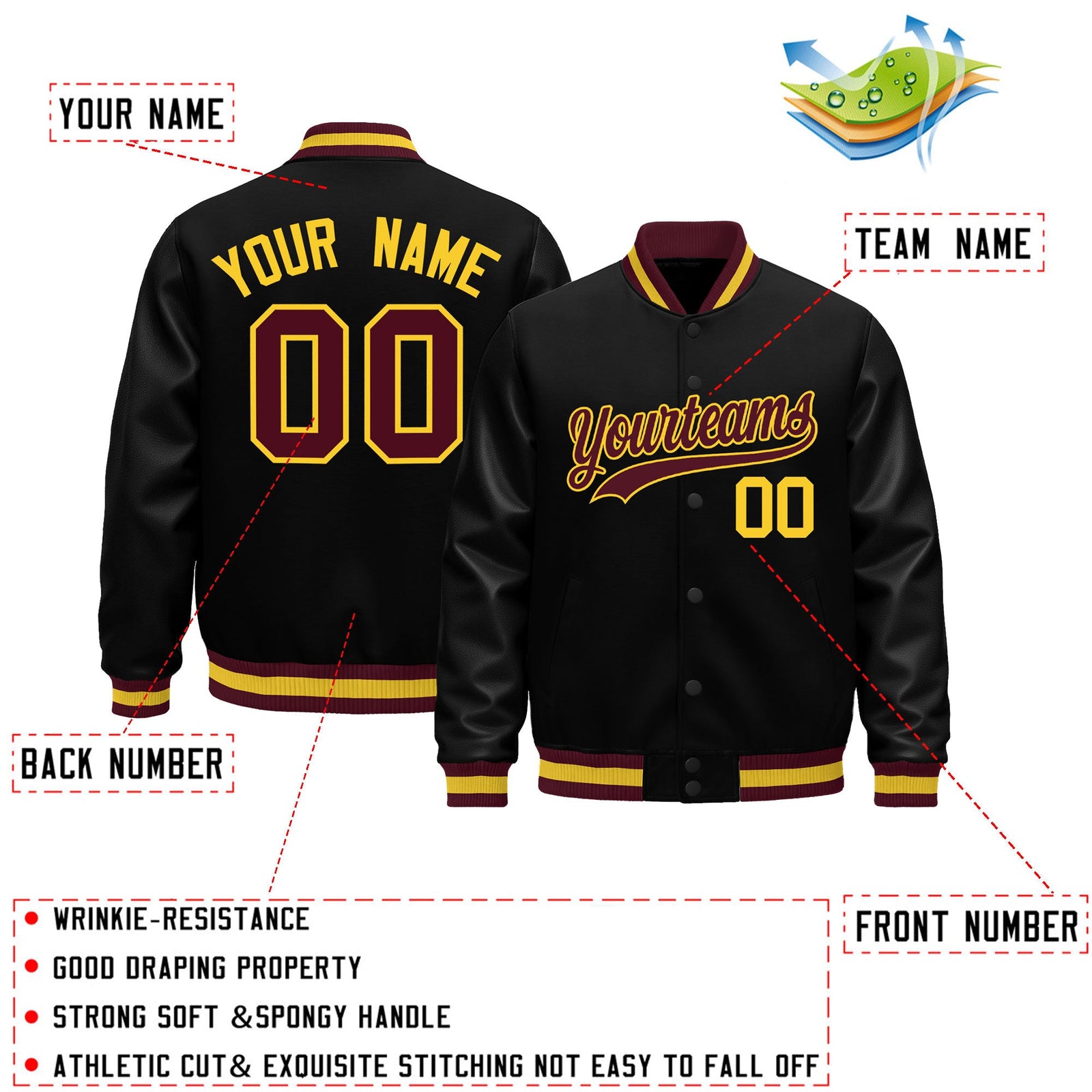 Custom Black Crimson Gold Classic Style Leather Sleeves Wrinkle-Resistant Jacket| KXKSHOP