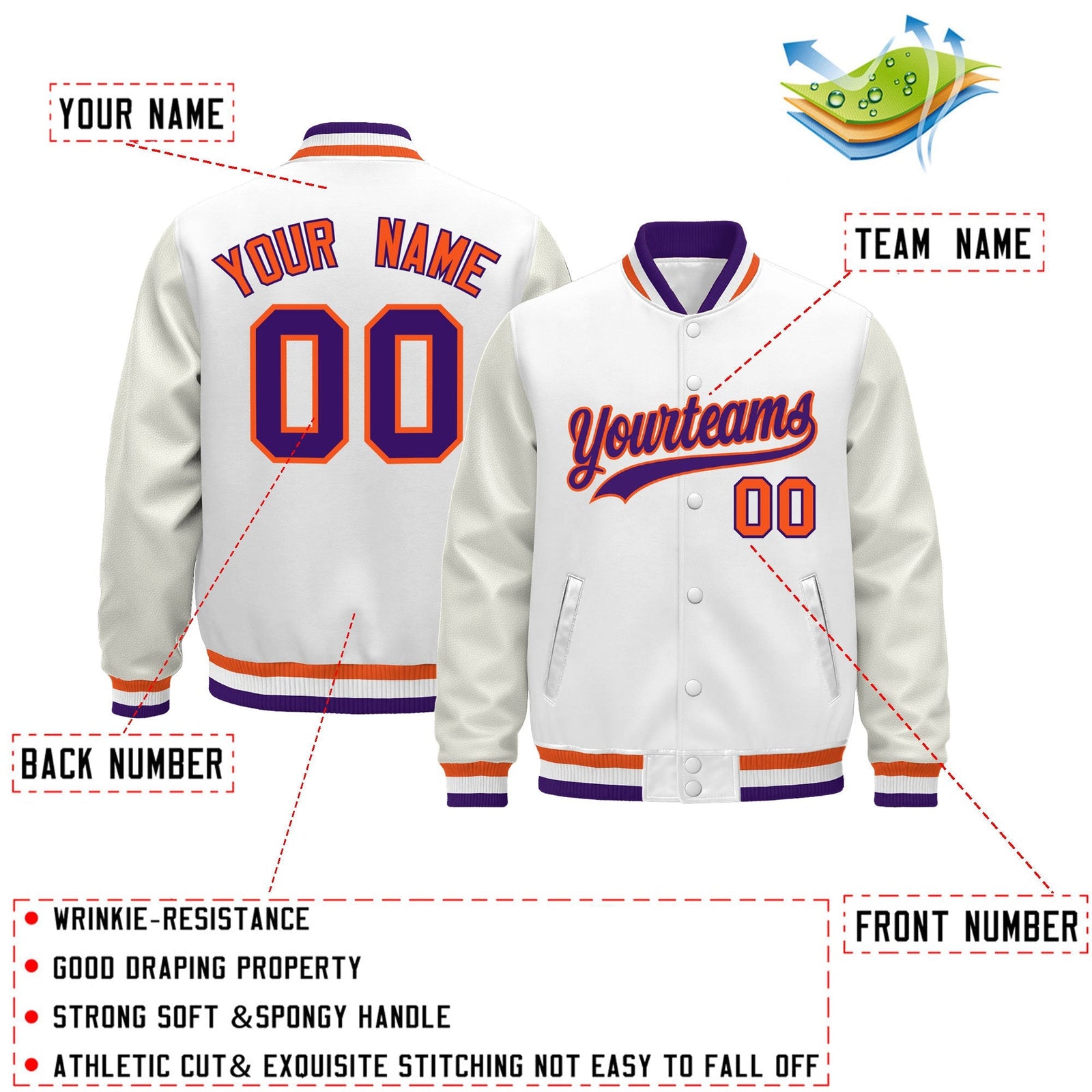 Custom White Purple Orange Classic Style Leather Sleeves Wrinkle-Resistant Jacket| KXKSHOP