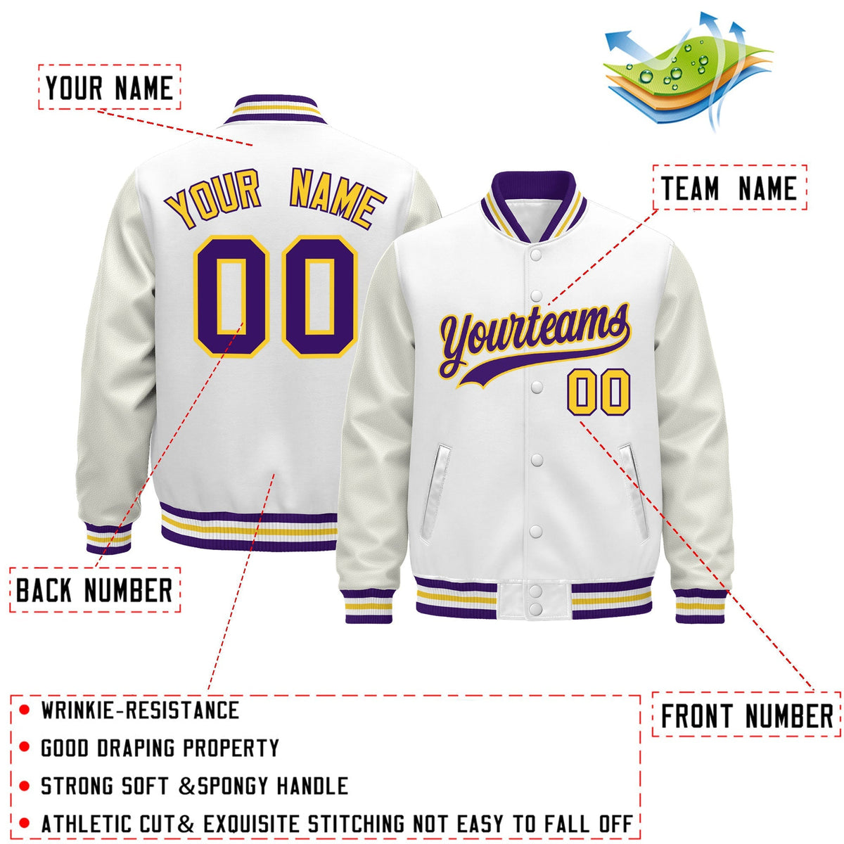 Custom White Purple Gold Classic Style Leather Sleeves Wrinkle-Resistant Jacket| KXKSHOP