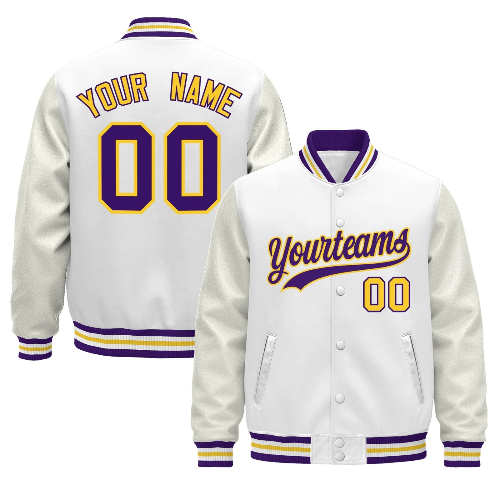 Custom White Purple Gold Jacket - Classic Style Leather Sleeves Wrinkle-Resistant