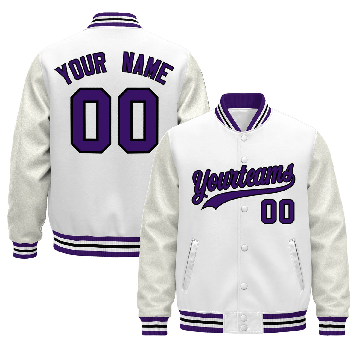Custom White Purple Black Jacket - Classic Style Leather Sleeves Wrinkle-Resistant