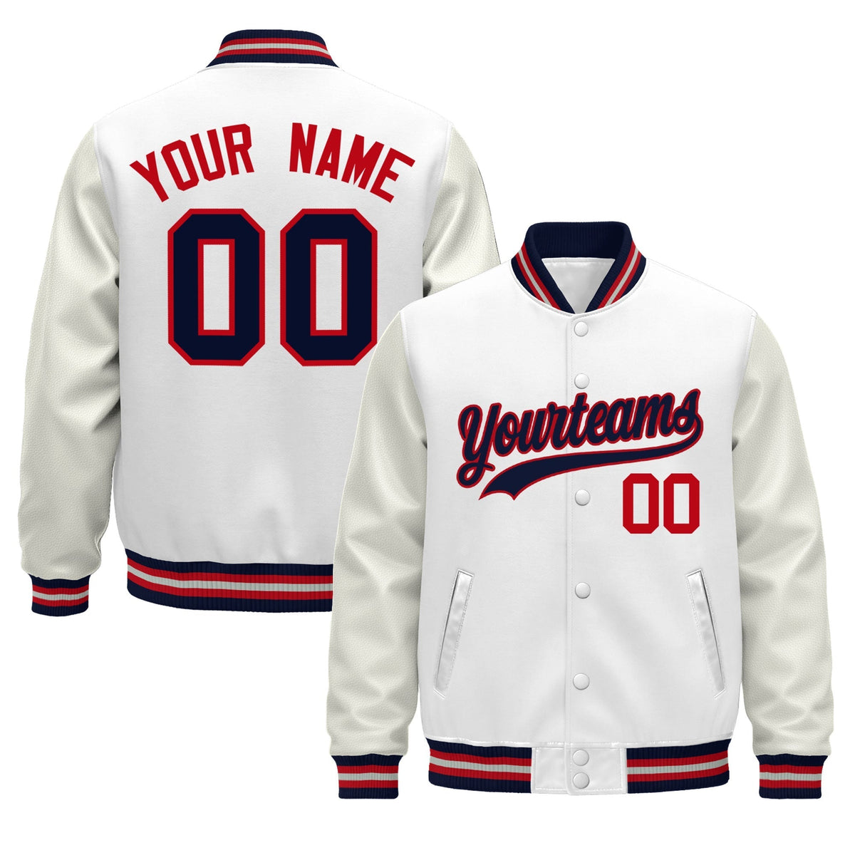 Custom White Navy Red Jacket - Classic Style Leather Sleeves Wrinkle-Resistant