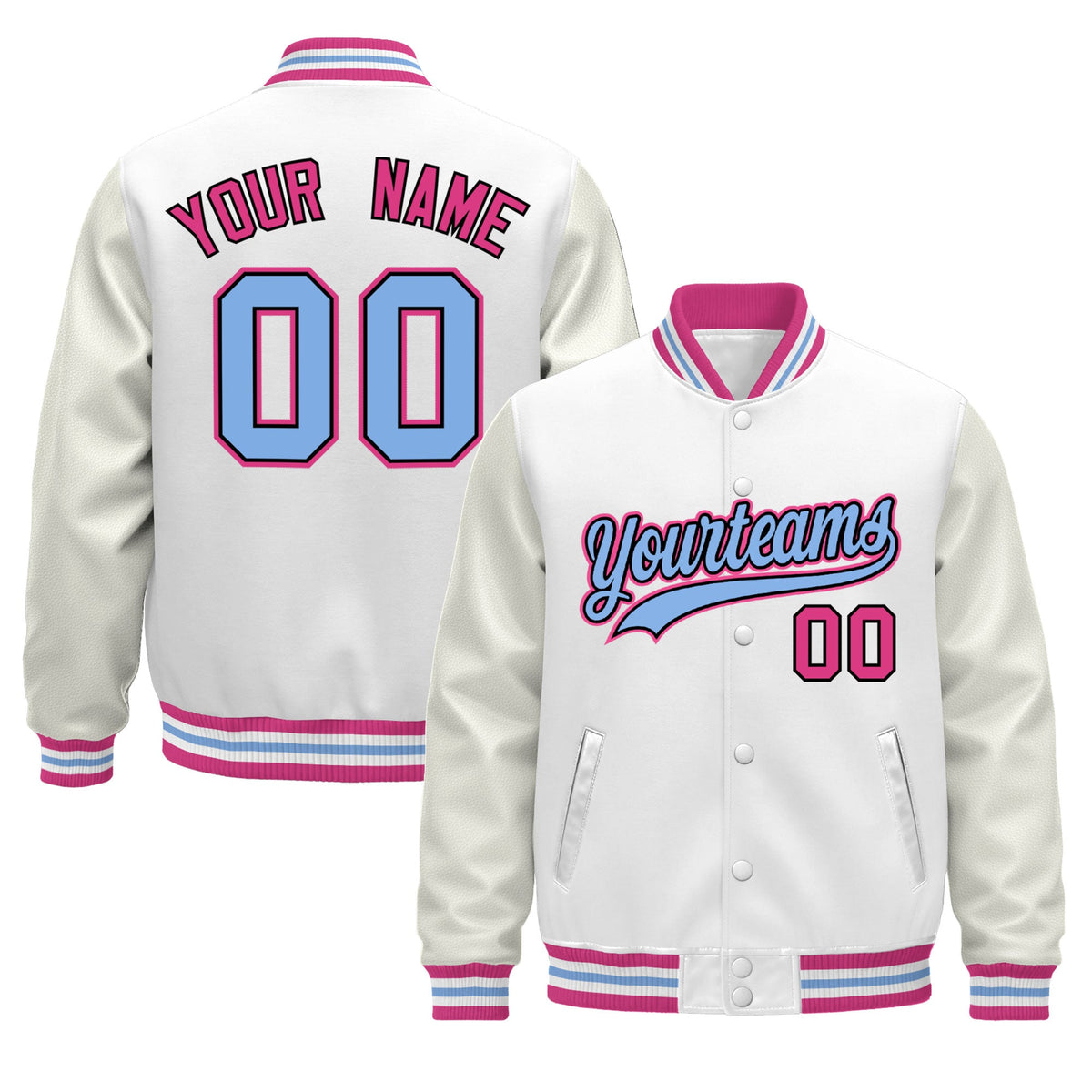 Custom White Pink Light Blue Classic Style Leather Sleeves Wrinkle-Resistant Jacket| KXKSHOP