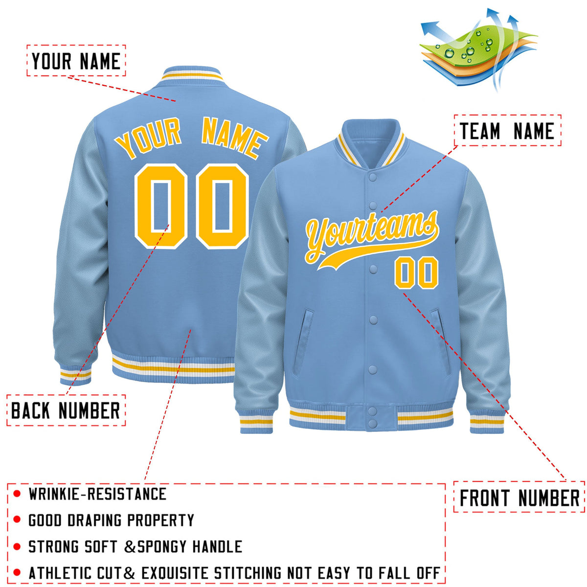 Custom Powder Blue Light Blue White Classic Style Leather Sleeves Wrinkle-Resistant Jacket| KXKSHOP