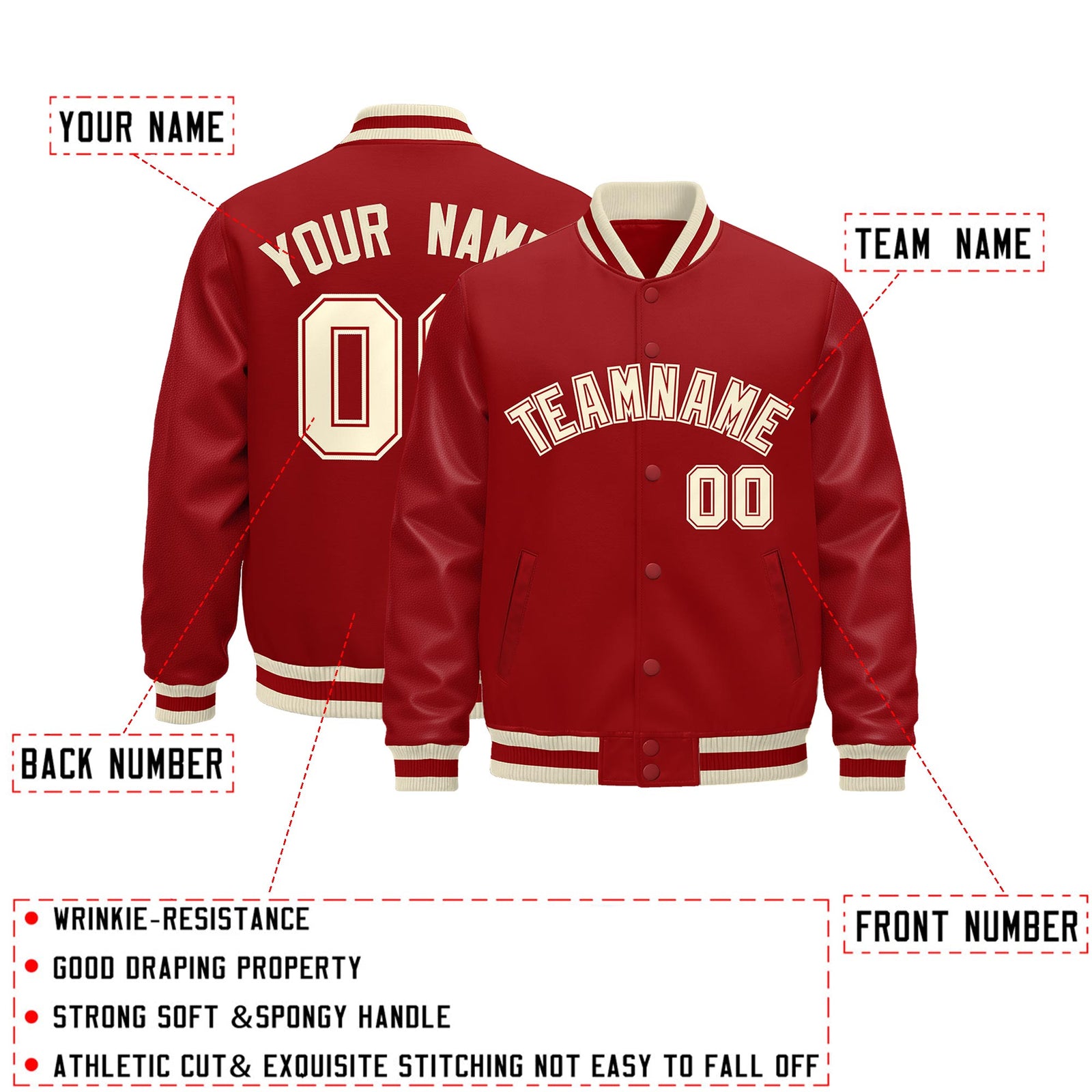 Custom Red Cream Classic Style Leather Sleeves Wrinkle-Resistant Jacket| KXKSHOP