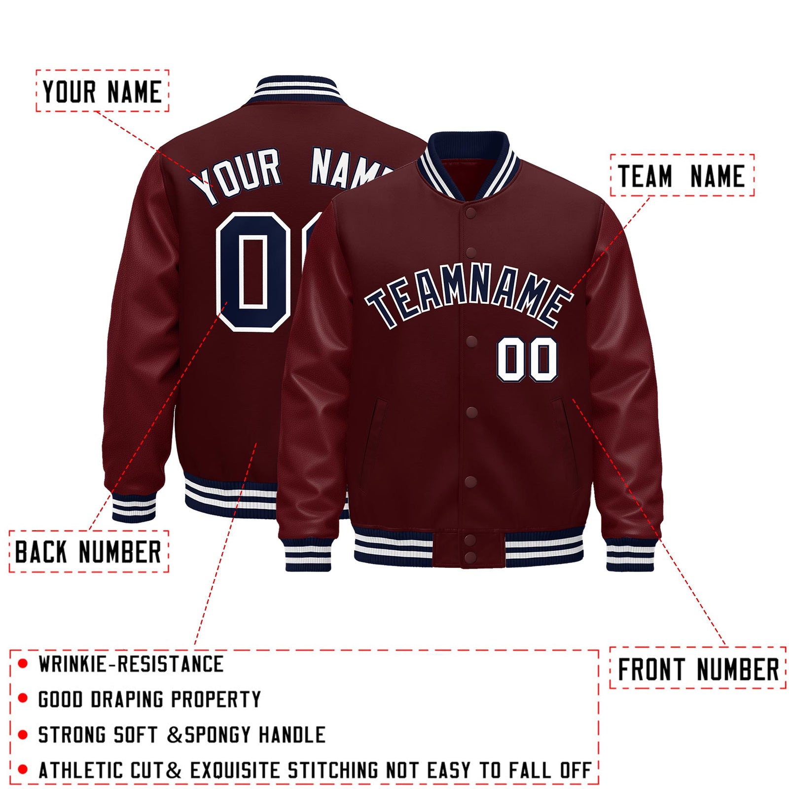 Custom Burgundy White Classic Style Leather Sleeves Wrinkle-Resistant Jacket| KXKSHOP
