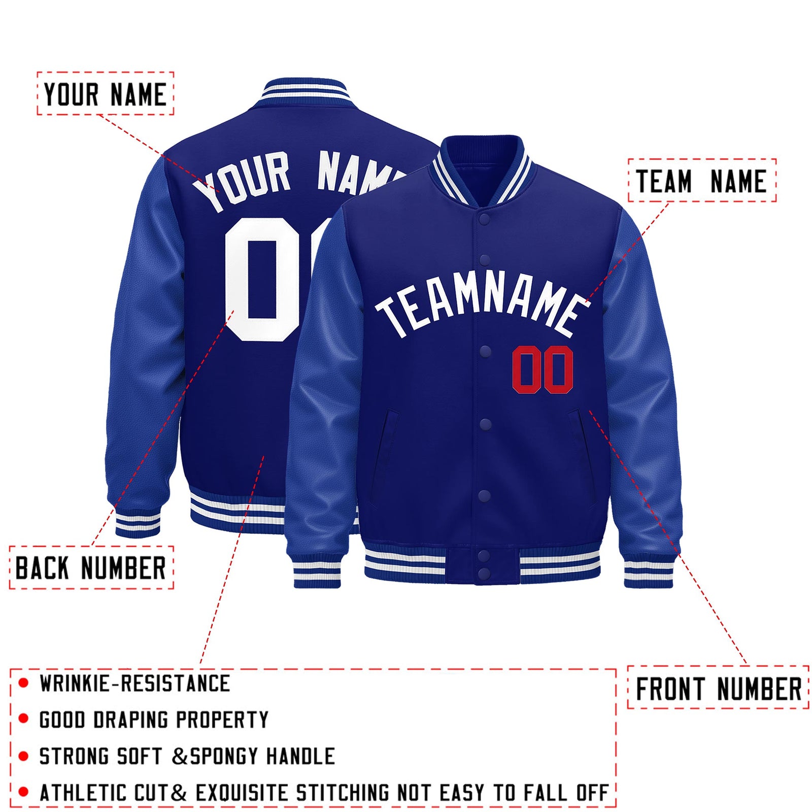 Custom Royal Blue White Classic Style Leather Sleeves Wrinkle-Resistant Jacket| KXKSHOP