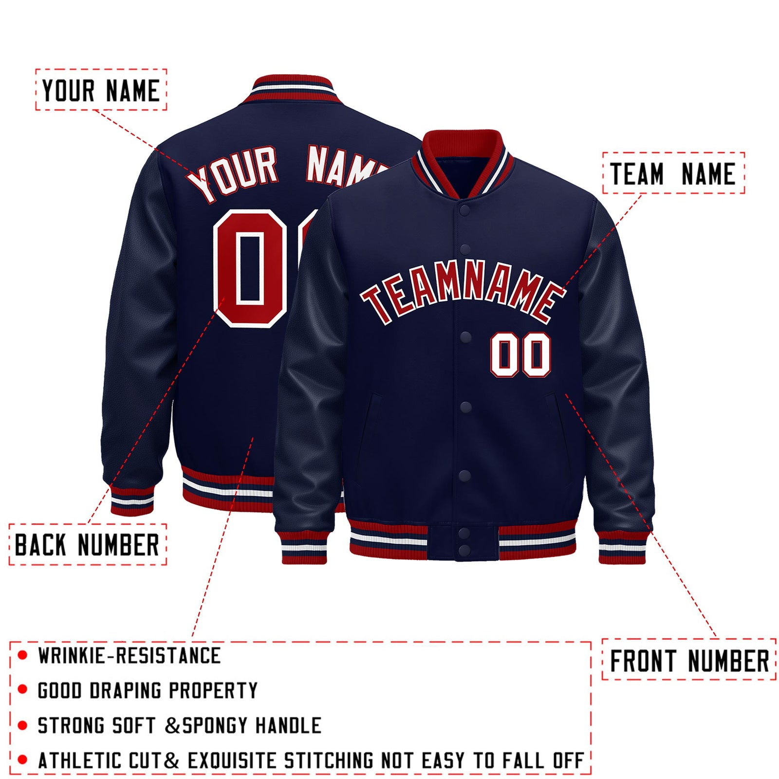 Custom Navy Red White Classic Style Leather Sleeves Wrinkle-Resistant Jacket| KXKSHOP