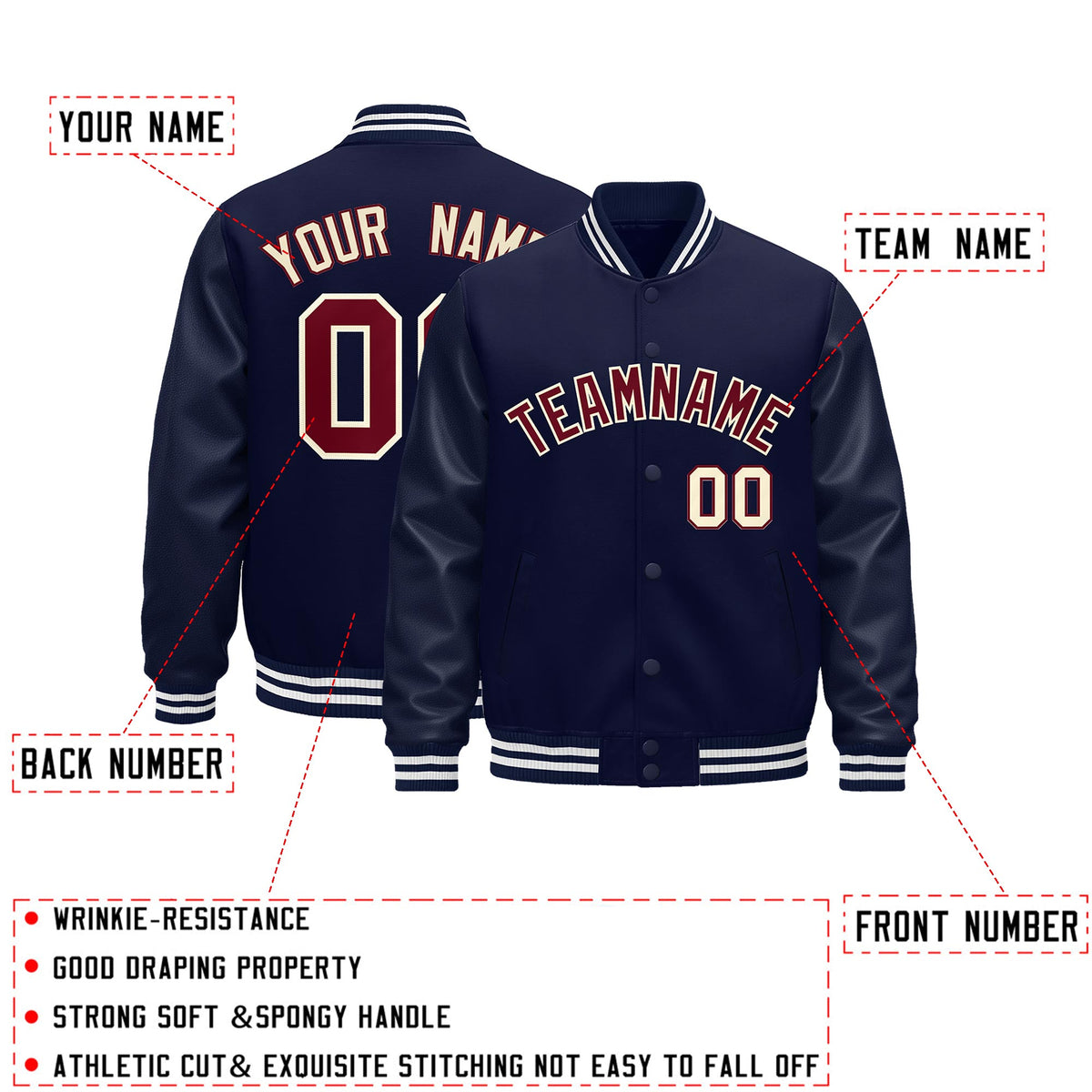 Custom Navy Cream Classic Style Leather Sleeves Wrinkle-Resistant Jacket| KXKSHOP