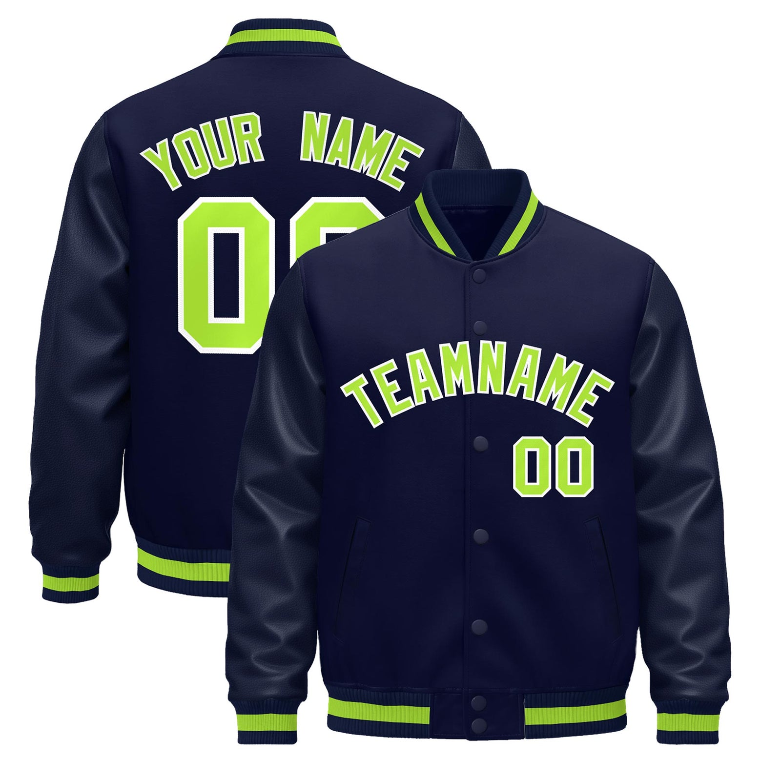 Custom Navy Neon Green Classic Style Leather Sleeves Wrinkle-Resistant Jacket| KXKSHOP
