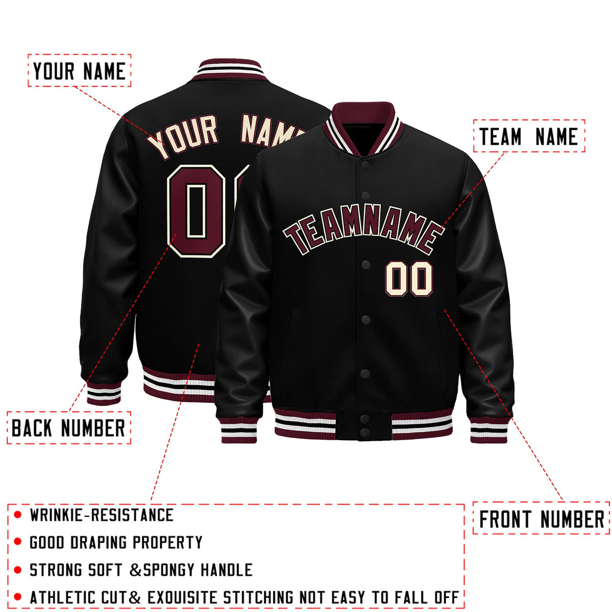 Custom Black Crimson White Classic Style Leather Sleeves Wrinkle-Resistant Jacket| KXKSHOP