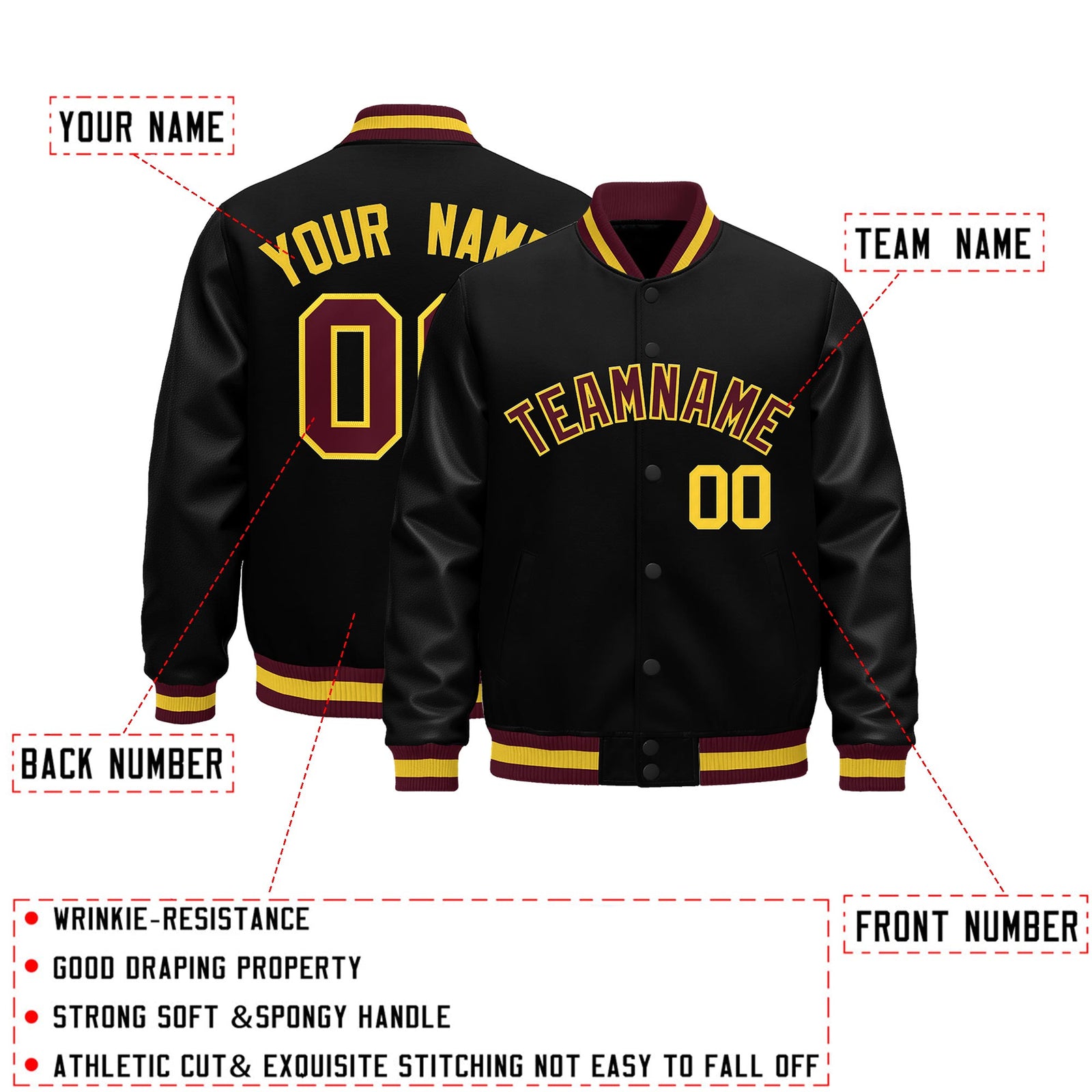 Custom Black Crimson Gold Classic Style Leather Sleeves Wrinkle-Resistant Jacket| KXKSHOP